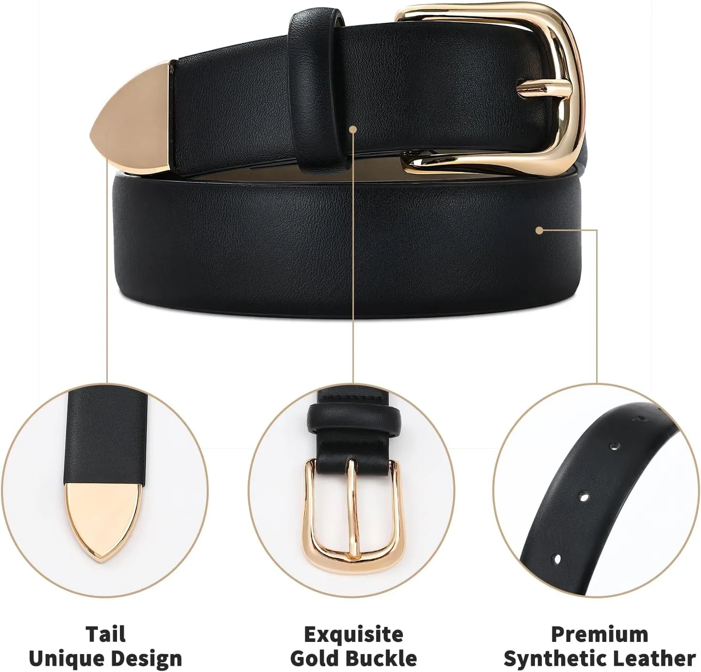 Women's Leather Belts with Gold Buckle Fashion Leather Waist Belt Elegant Ladies Belts for Jeans Dress & Casual Wear