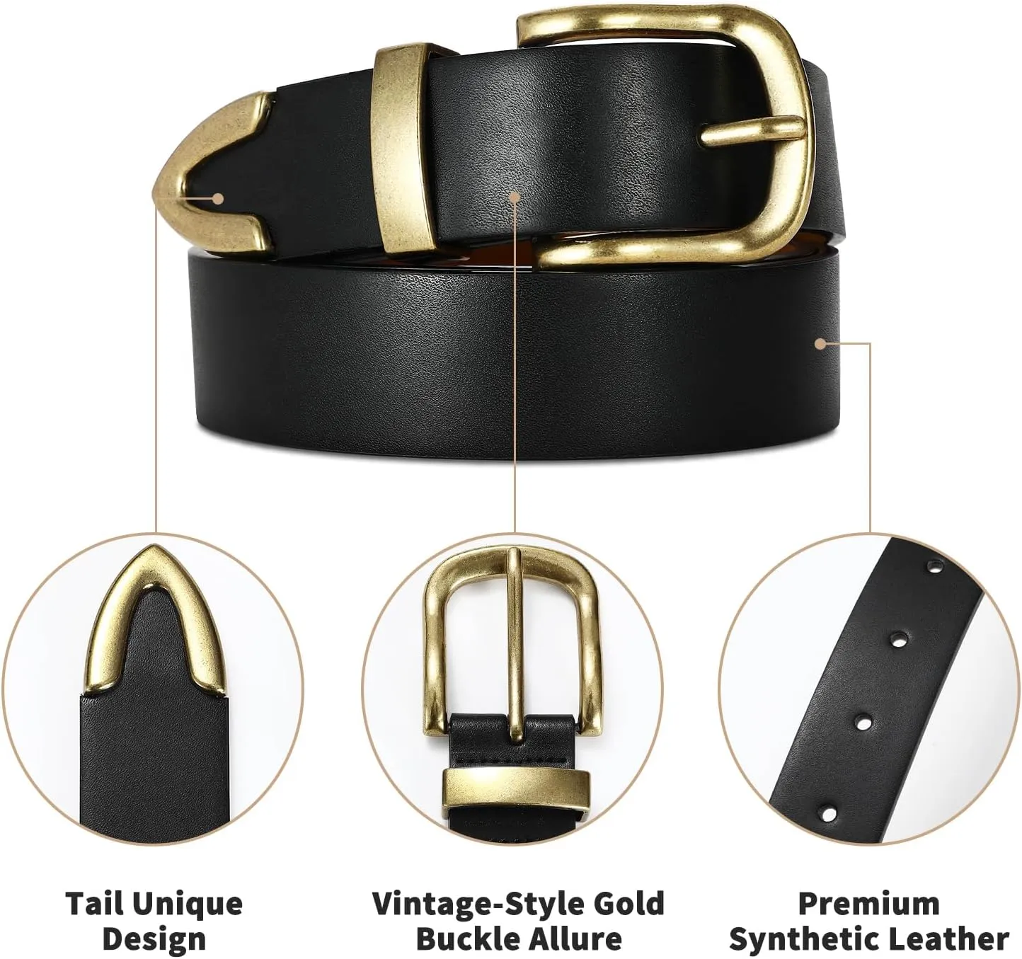 Women's Leather Belts with Gold Buckle Fashion Leather Waist Belt Elegant Ladies Belts for Jeans Dress & Casual Wear