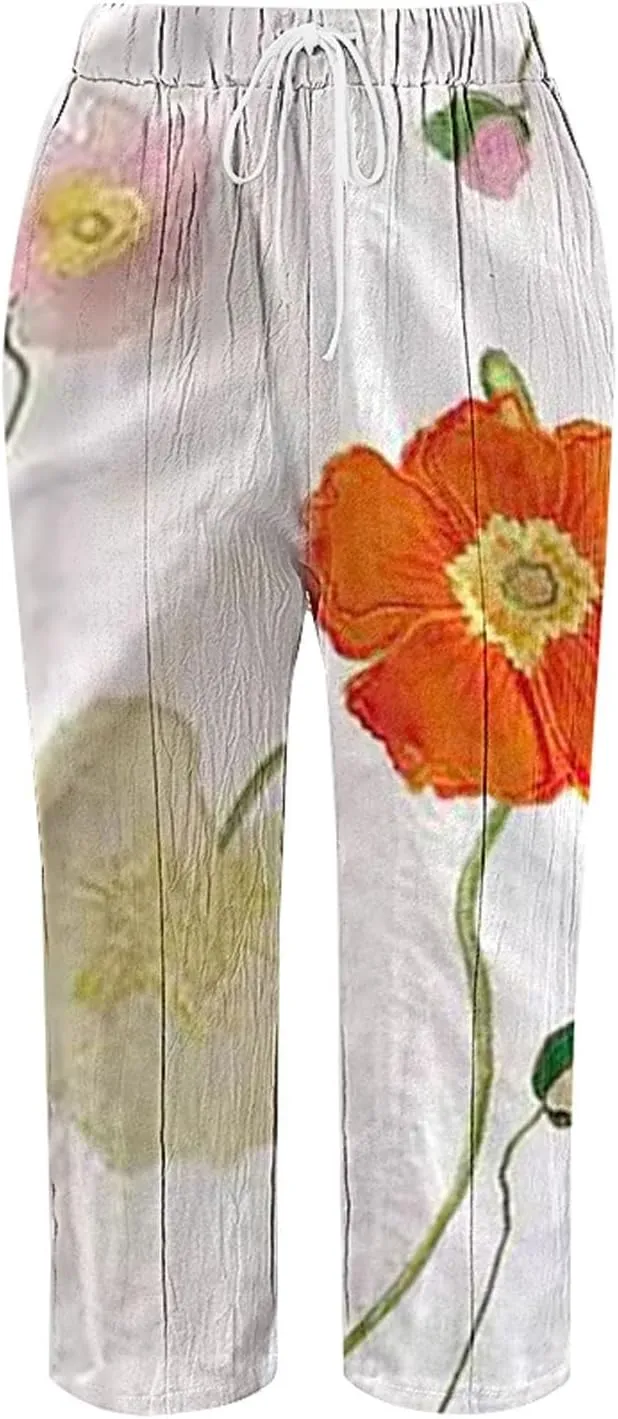 Women's Linen Capris with Pockets Striped High Waisted Relaxed Fit Floral Printed Boho Beach Vacation Trousers