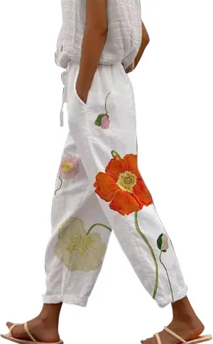 Women's Linen Capris with Pockets Striped High Waisted Relaxed Fit Floral Printed Boho Beach Vacation Trousers