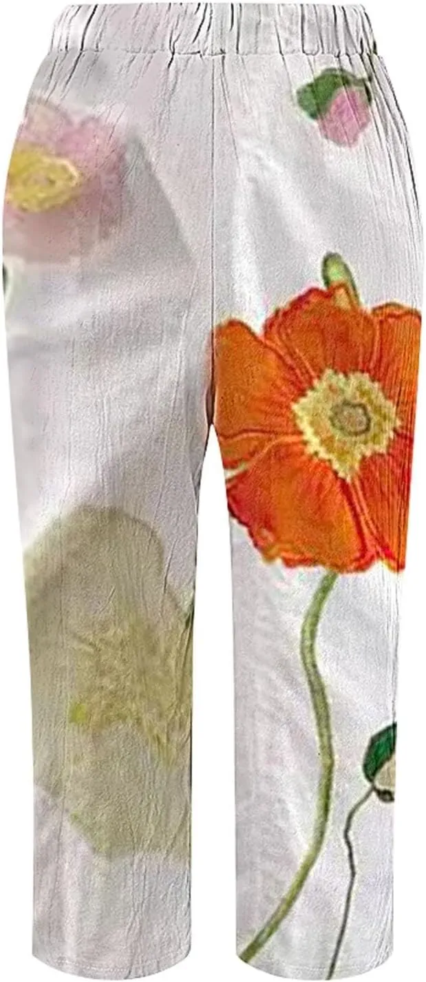 Women's Linen Capris with Pockets Striped High Waisted Relaxed Fit Floral Printed Boho Beach Vacation Trousers