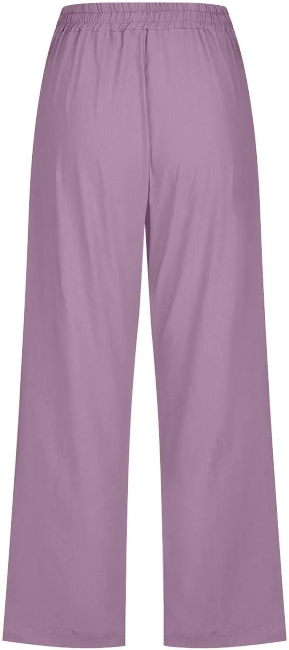 Womens Linen Cropped Pants Summer Casual High Waisted Drawstring Wide Leg Pants Baggy Capris Pants with Pockets