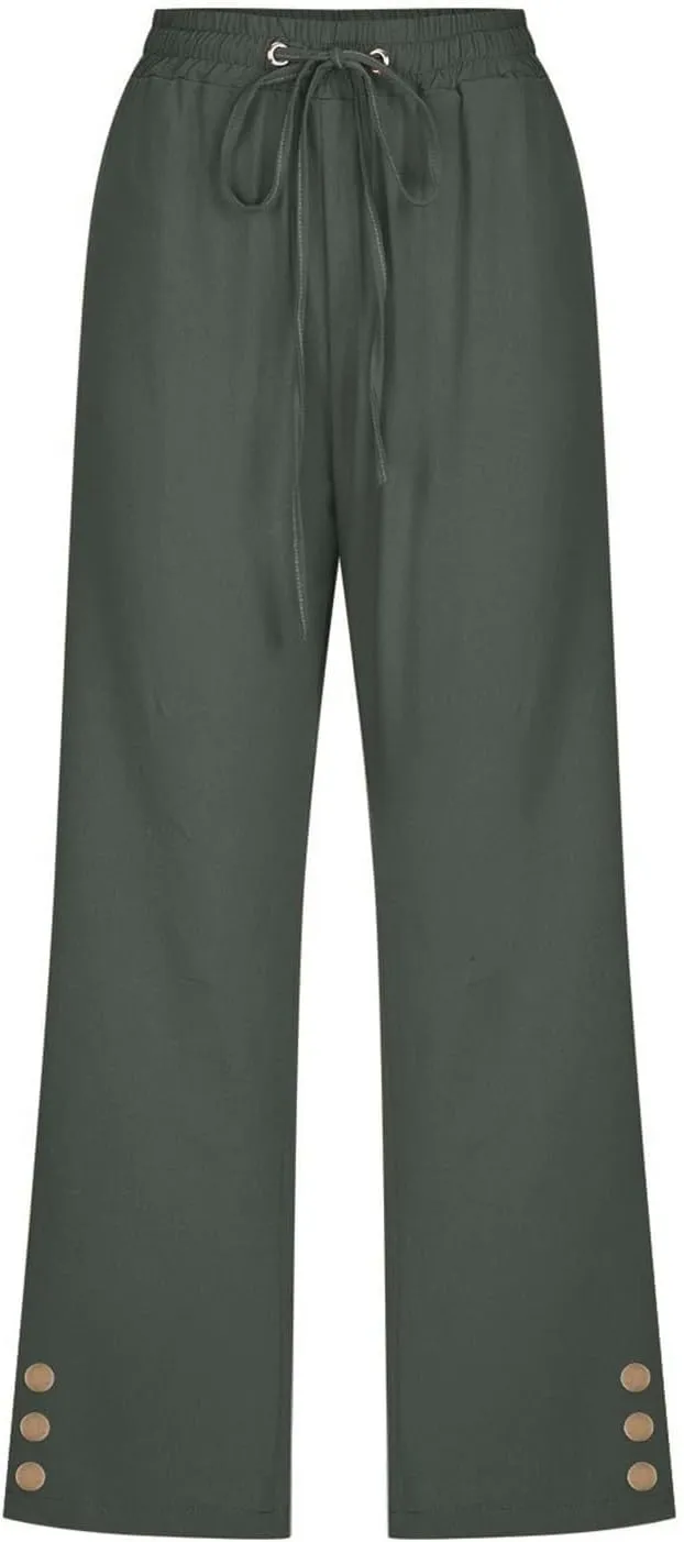 Womens Linen Cropped Pants Summer Casual High Waisted Drawstring Wide Leg Pants Baggy Capris Pants with Pockets