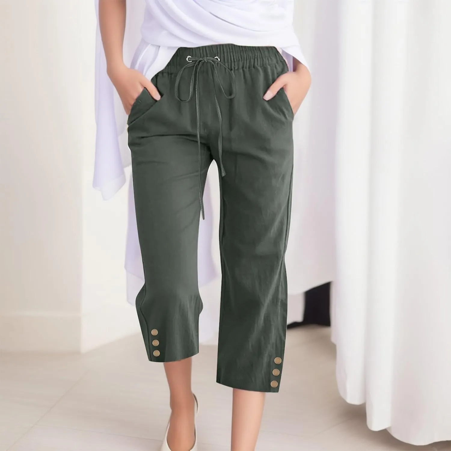 Womens Linen Cropped Pants Summer Casual High Waisted Drawstring Wide Leg Pants Baggy Capris Pants with Pockets