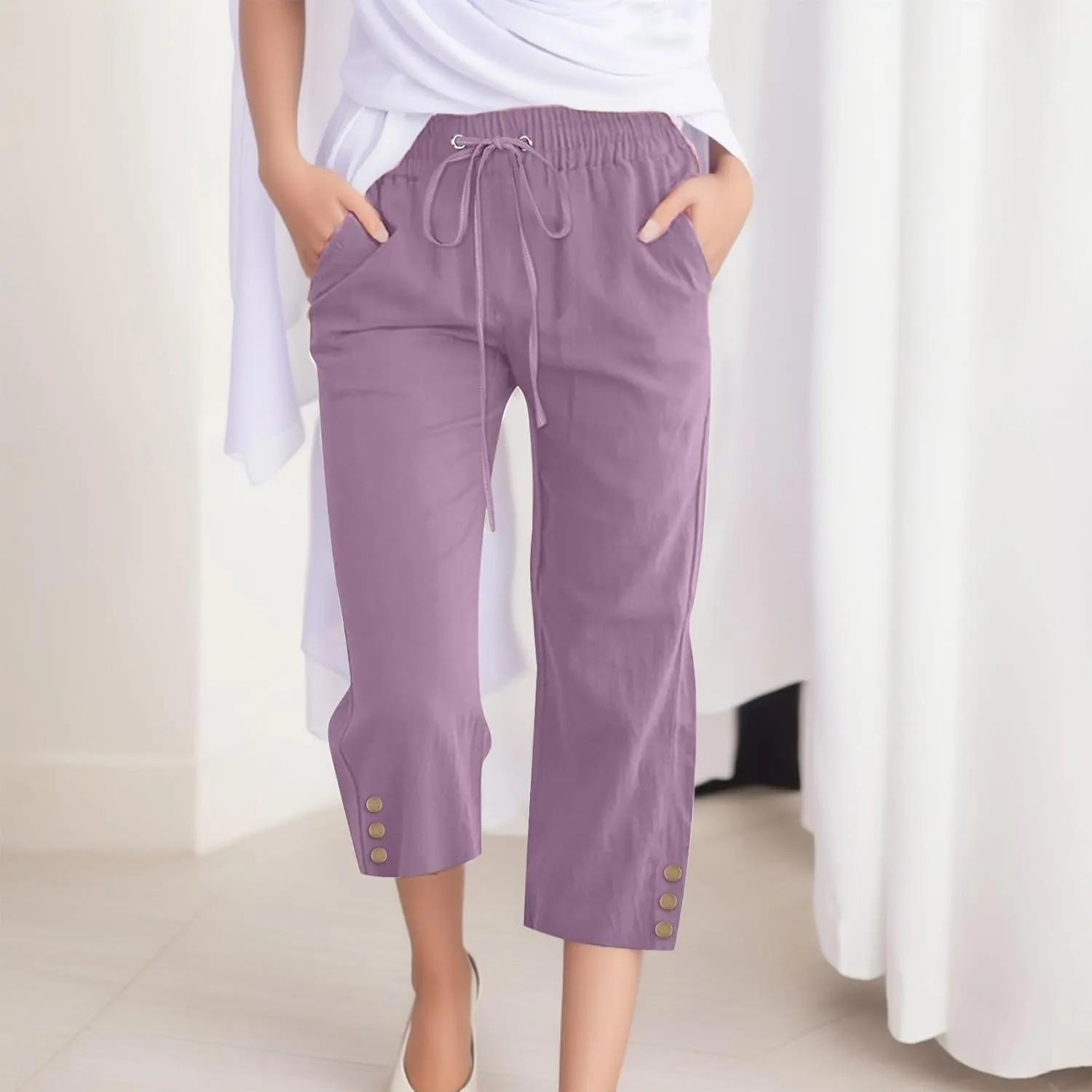 Womens Linen Cropped Pants Summer Casual High Waisted Drawstring Wide Leg Pants Baggy Capris Pants with Pockets