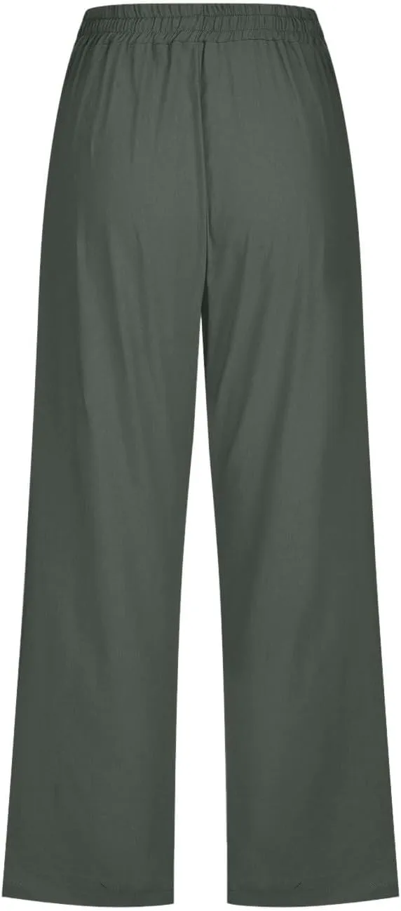 Womens Linen Cropped Pants Summer Casual High Waisted Drawstring Wide Leg Pants Baggy Capris Pants with Pockets