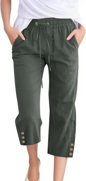 Womens Linen Cropped Pants Summer Casual High Waisted Drawstring Wide Leg Pants Baggy Capris Pants with Pockets