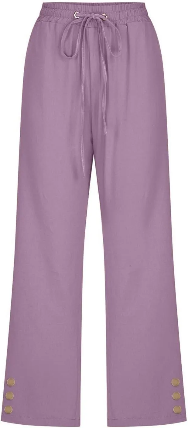 Womens Linen Cropped Pants Summer Casual High Waisted Drawstring Wide Leg Pants Baggy Capris Pants with Pockets