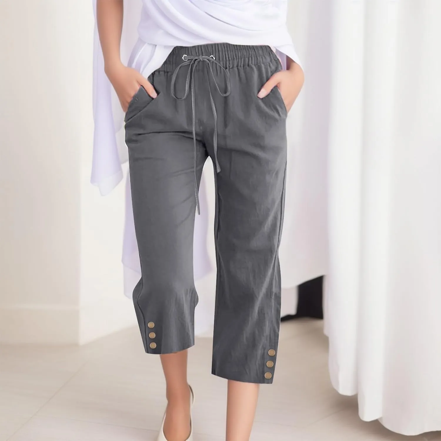 Womens Linen Cropped Pants Summer Casual High Waisted Drawstring Wide Leg Pants Baggy Capris Pants with Pockets
