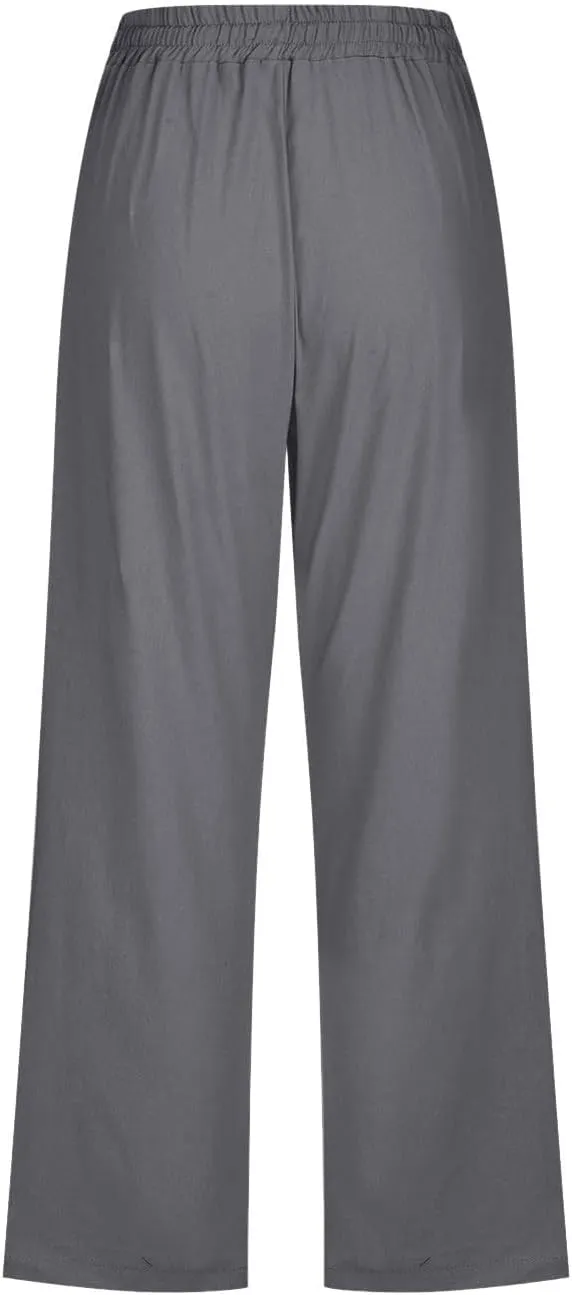 Womens Linen Cropped Pants Summer Casual High Waisted Drawstring Wide Leg Pants Baggy Capris Pants with Pockets