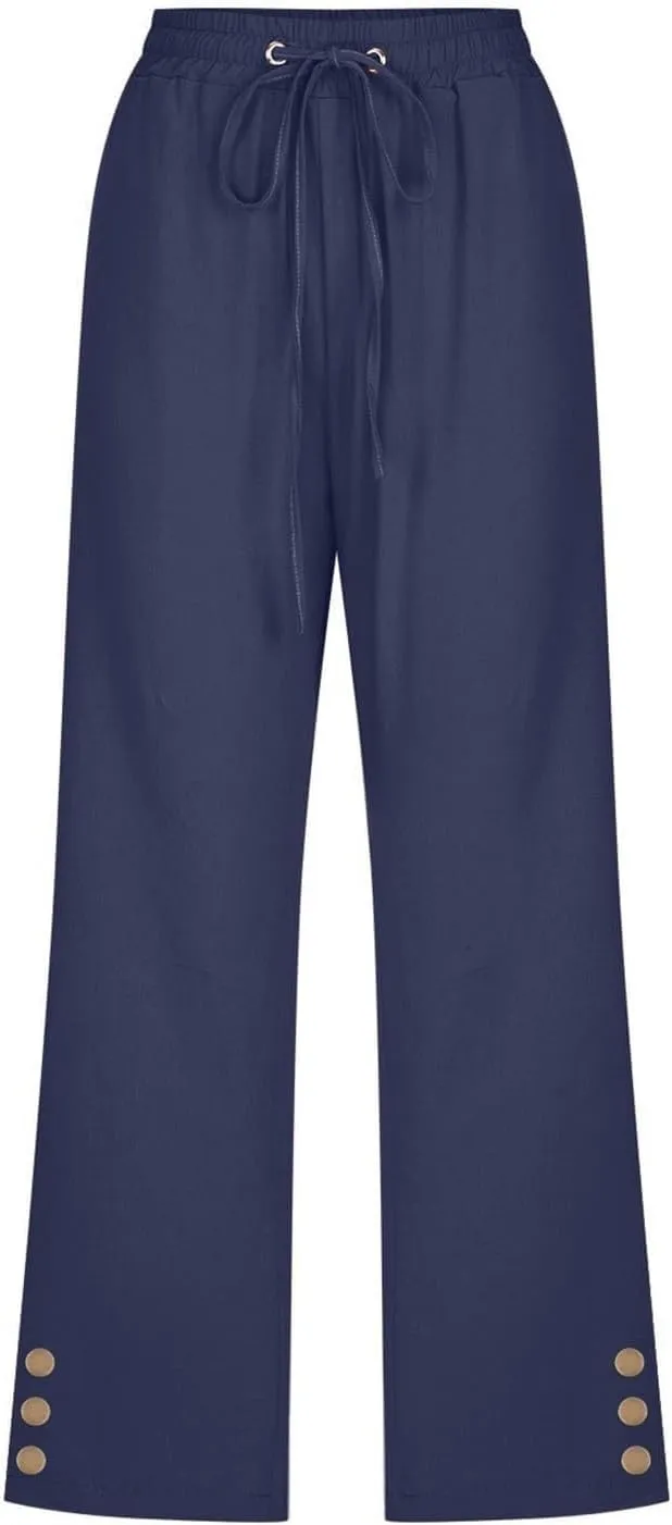 Womens Linen Cropped Pants Summer Casual High Waisted Drawstring Wide Leg Pants Baggy Capris Pants with Pockets