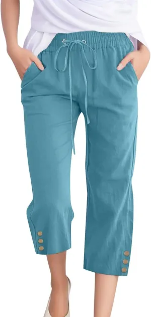 Womens Linen Cropped Pants Summer Casual High Waisted Drawstring Wide Leg Pants Baggy Capris Pants with Pockets