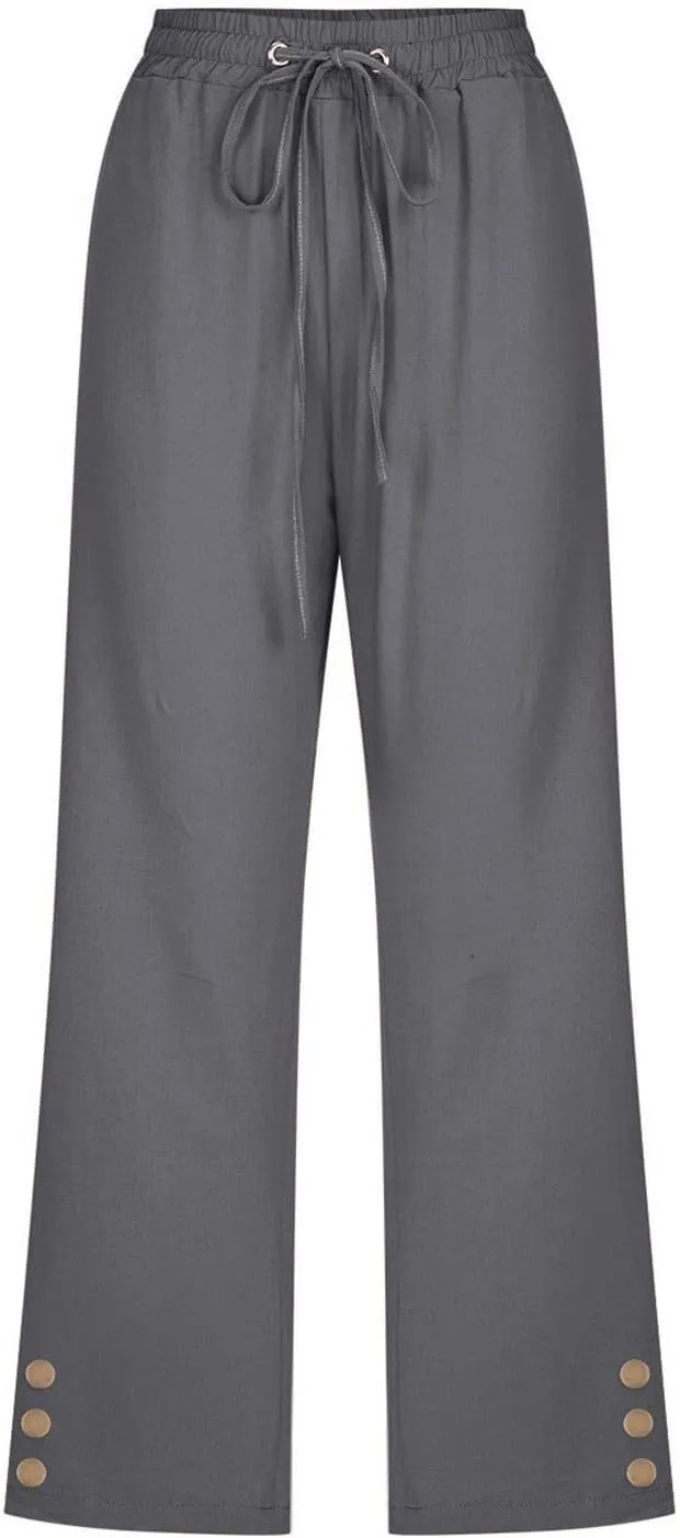 Womens Linen Cropped Pants Summer Casual High Waisted Drawstring Wide Leg Pants Baggy Capris Pants with Pockets