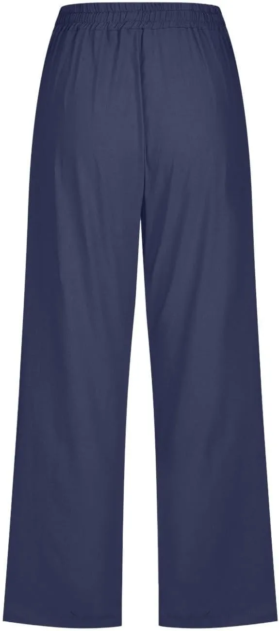 Womens Linen Cropped Pants Summer Casual High Waisted Drawstring Wide Leg Pants Baggy Capris Pants with Pockets