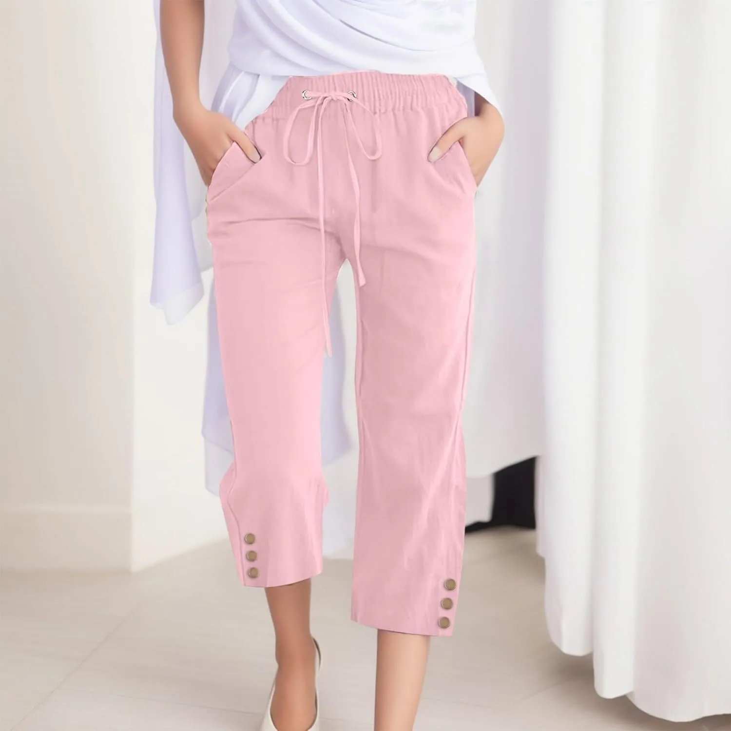 Womens Linen Cropped Pants Summer Casual High Waisted Drawstring Wide Leg Pants Baggy Capris Pants with Pockets