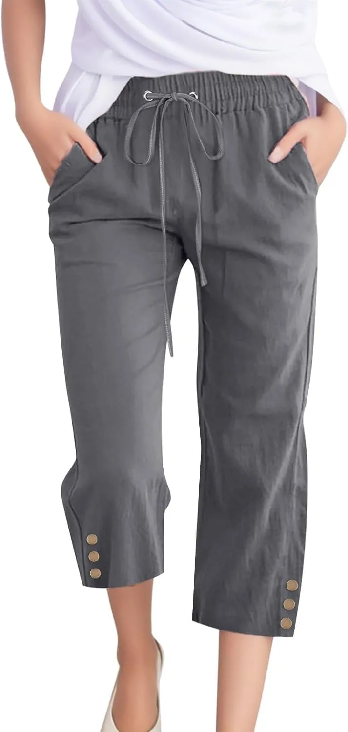 Womens Linen Cropped Pants Summer Casual High Waisted Drawstring Wide Leg Pants Baggy Capris Pants with Pockets