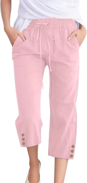Womens Linen Cropped Pants Summer Casual High Waisted Drawstring Wide Leg Pants Baggy Capris Pants with Pockets