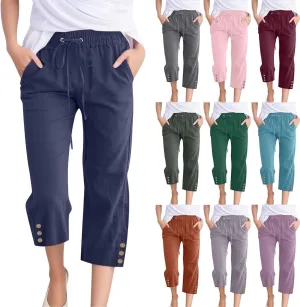 Womens Linen Cropped Pants Summer Casual High Waisted Drawstring Wide Leg Pants Baggy Capris Pants with Pockets