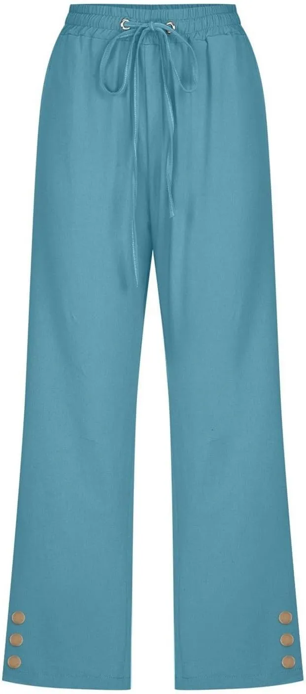 Womens Linen Cropped Pants Summer Casual High Waisted Drawstring Wide Leg Pants Baggy Capris Pants with Pockets