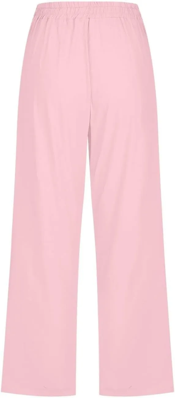 Womens Linen Cropped Pants Summer Casual High Waisted Drawstring Wide Leg Pants Baggy Capris Pants with Pockets