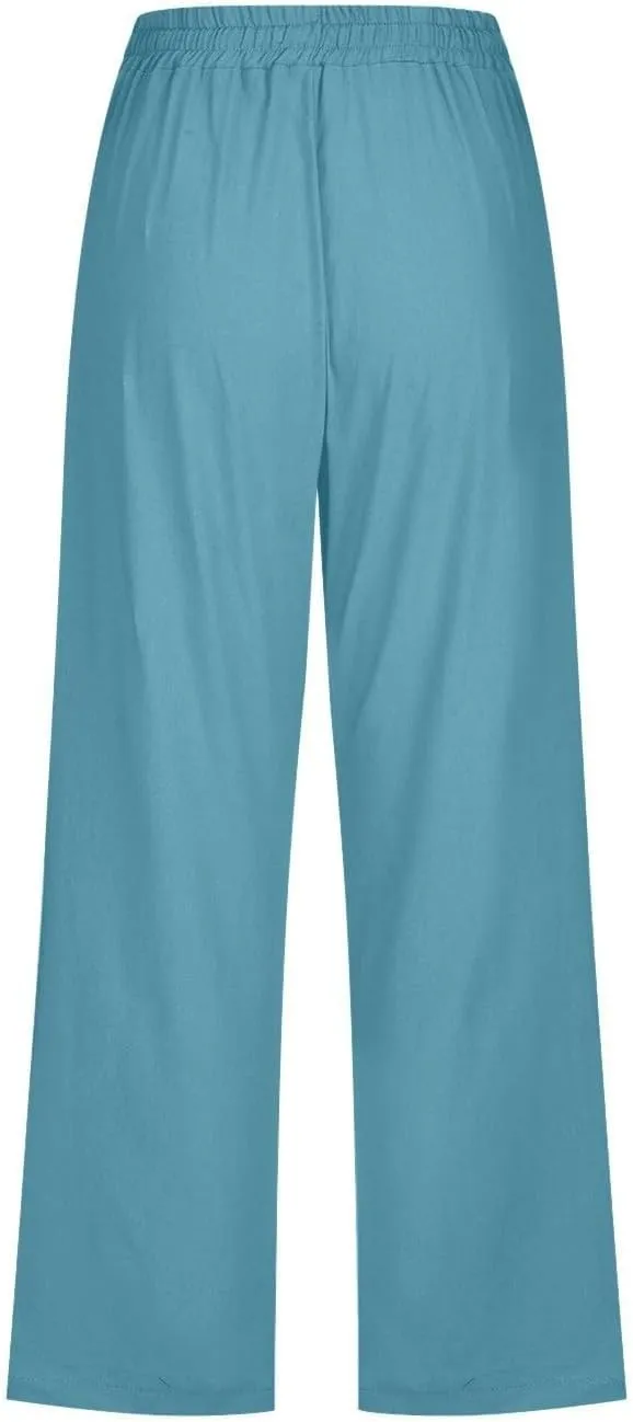 Womens Linen Cropped Pants Summer Casual High Waisted Drawstring Wide Leg Pants Baggy Capris Pants with Pockets