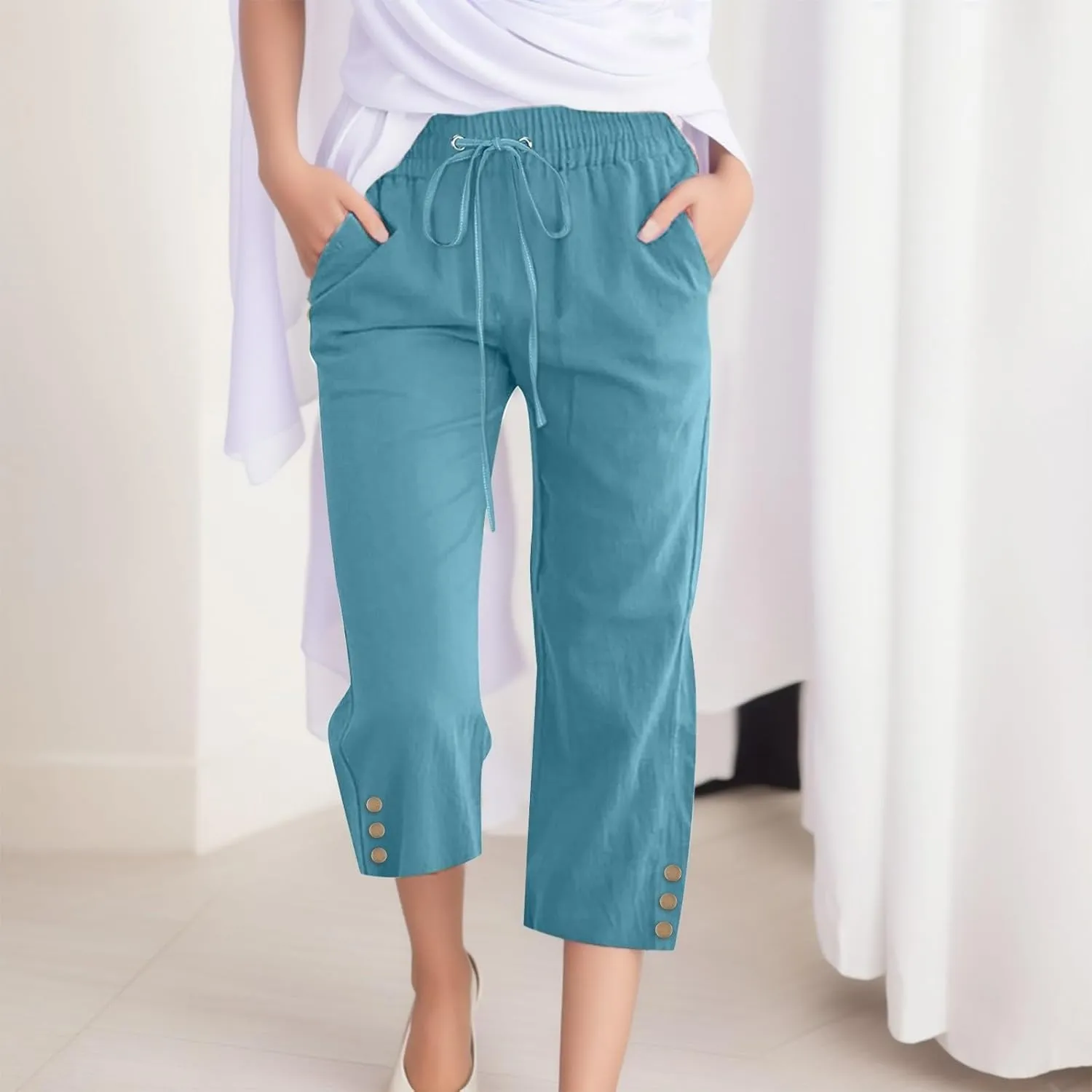 Womens Linen Cropped Pants Summer Casual High Waisted Drawstring Wide Leg Pants Baggy Capris Pants with Pockets