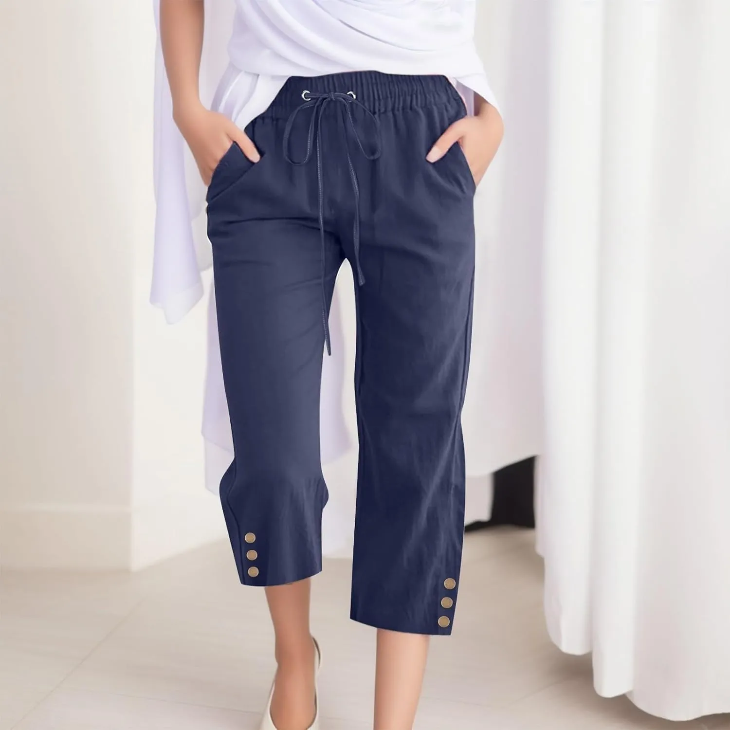 Womens Linen Cropped Pants Summer Casual High Waisted Drawstring Wide Leg Pants Baggy Capris Pants with Pockets