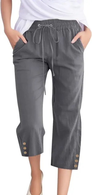 Womens Linen Cropped Pants Summer Casual High Waisted Drawstring Wide Leg Pants Baggy Capris Pants with Pockets