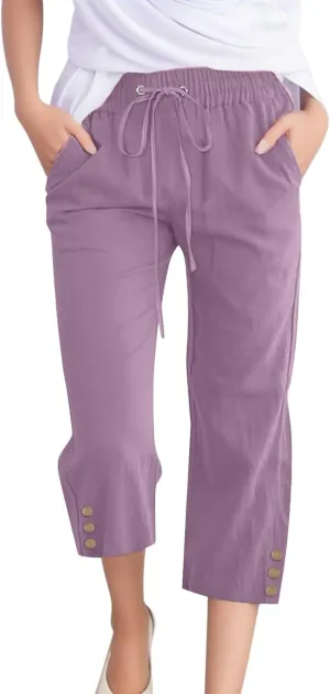 Womens Linen Cropped Pants Summer Casual High Waisted Drawstring Wide Leg Pants Baggy Capris Pants with Pockets