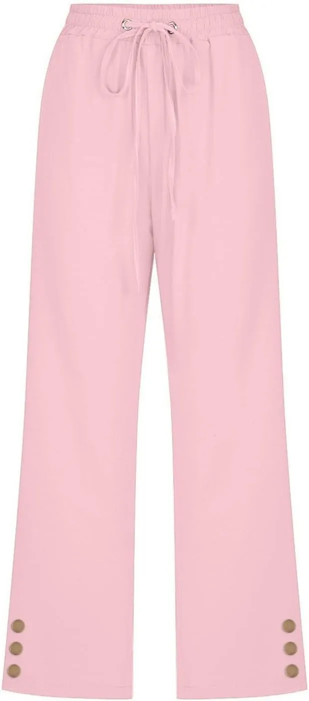 Womens Linen Cropped Pants Summer Casual High Waisted Drawstring Wide Leg Pants Baggy Capris Pants with Pockets
