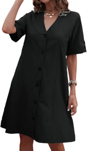 Women's Linen Midi Dress Oversized Short Sleeve Sundress V-Neck Button Down Dresses Solid Basic Loungewear Dresses