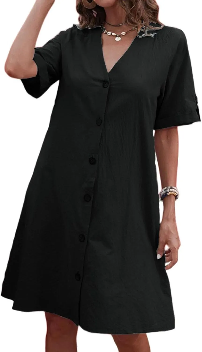 Women's Linen Midi Dress Oversized Short Sleeve Sundress V-Neck Button Down Dresses Solid Basic Loungewear Dresses