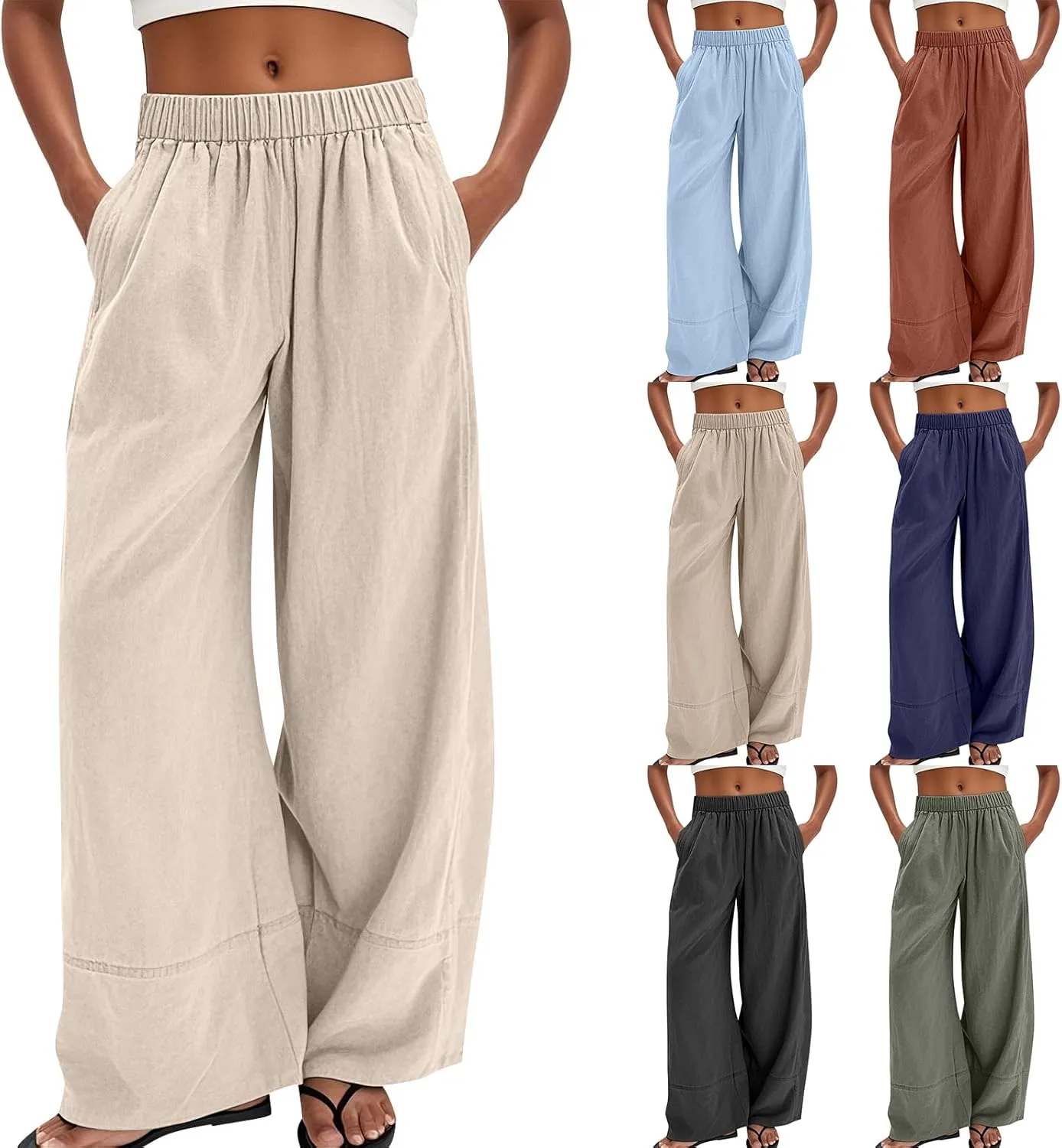 Womens Linen Pants Summer Cotton High Waist Palazzo Pants Baggy Casual Relaxed Fit Flowy Boho Beach Trousers Pockets