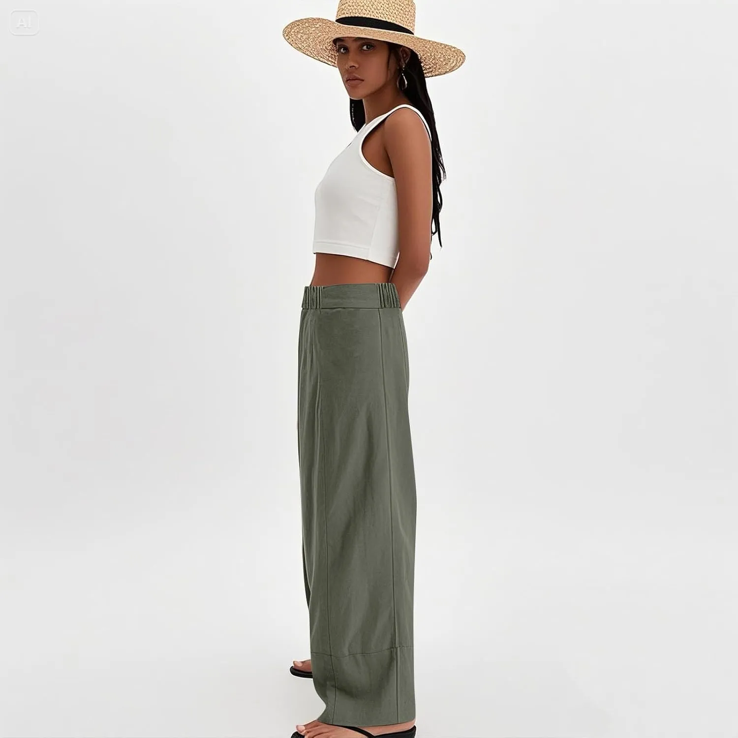 Womens Linen Pants Summer Cotton High Waist Palazzo Pants Baggy Casual Relaxed Fit Flowy Boho Beach Trousers Pockets