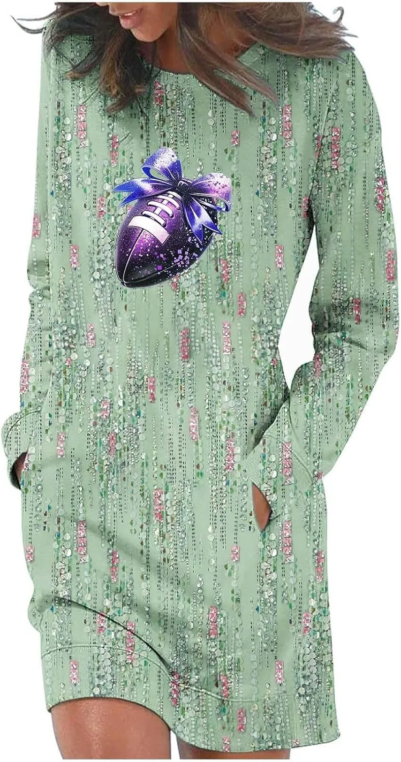 Women's Long Sleeve Fall Dresses 2024 Crewneck Casual Dress Fashion Floral Midi Dress Shift Dress