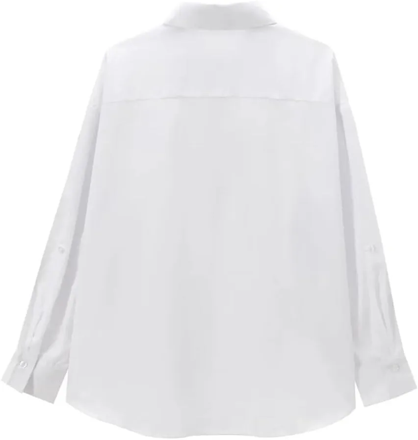 Women's Loose Collar Long Sleeve Side Striped Ribbon Decorative Poplin Shirt