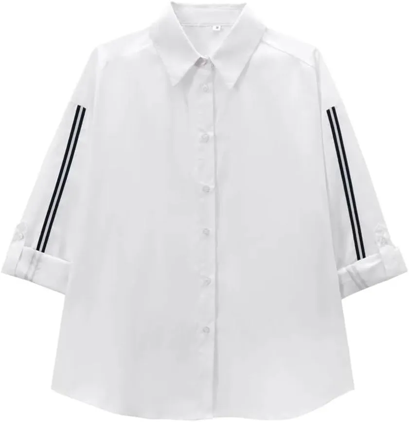 Women's Loose Collar Long Sleeve Side Striped Ribbon Decorative Poplin Shirt