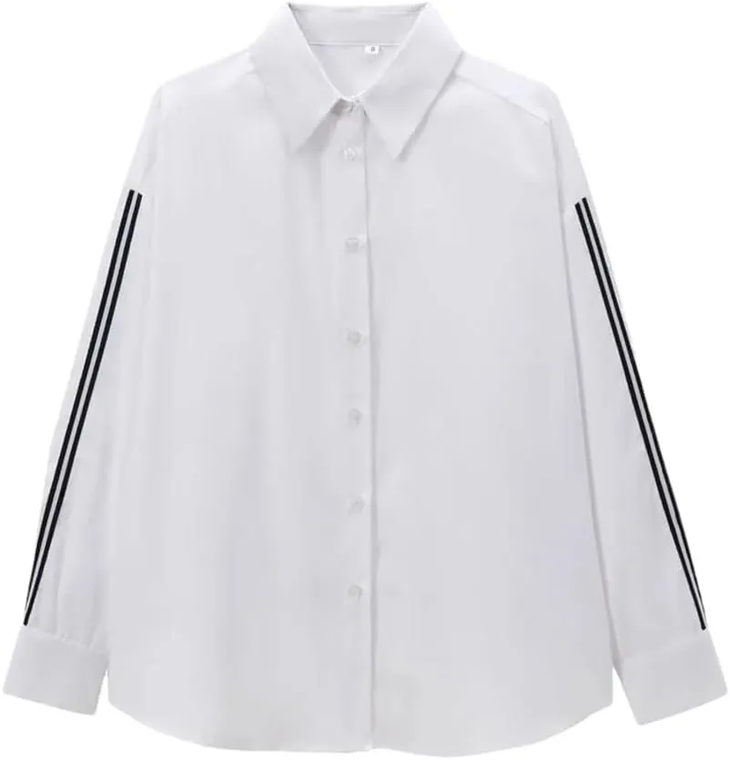 Women's Loose Collar Long Sleeve Side Striped Ribbon Decorative Poplin Shirt
