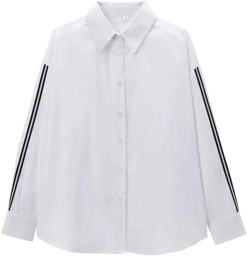 Women's Loose Collar Long Sleeve Side Striped Ribbon Decorative Poplin Shirt
