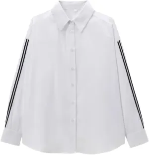 Women's Loose Collar Long Sleeve Side Striped Ribbon Decorative Poplin Shirt