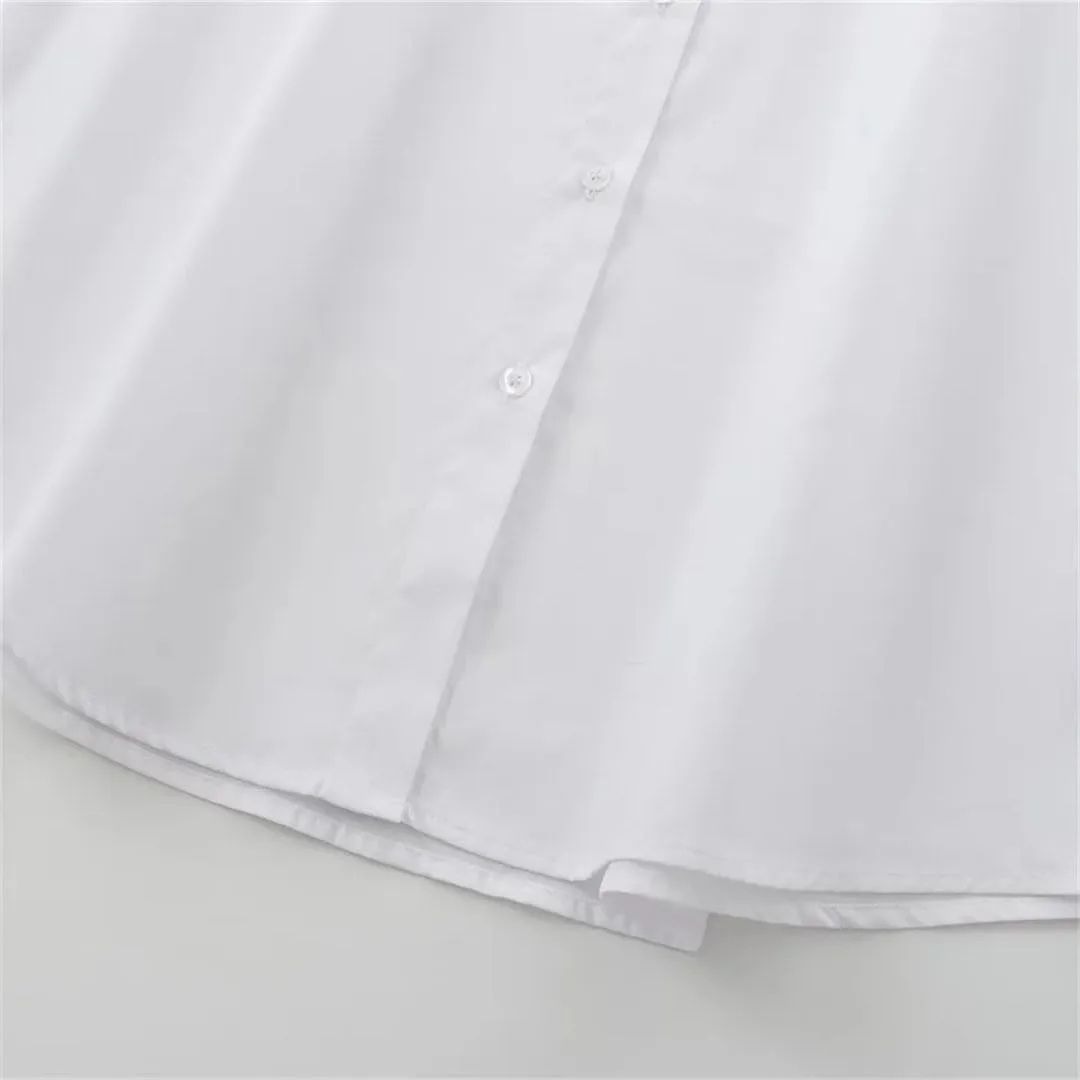 Women's Loose Collar Long Sleeve Side Striped Ribbon Decorative Poplin Shirt