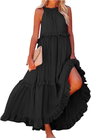 Women's Maxi Dress 2025 Spring Casual Loose Swing Boho Smocked Ruffle Sundress Halter Sleeveless Tiered Beach Dress