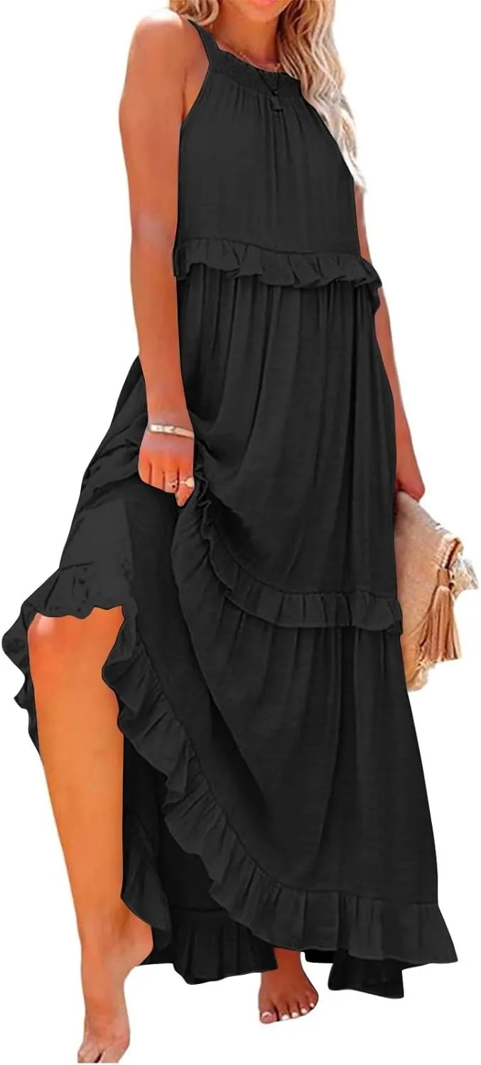 Women's Maxi Dress 2025 Spring Casual Loose Swing Boho Smocked Ruffle Sundress Halter Sleeveless Tiered Beach Dress