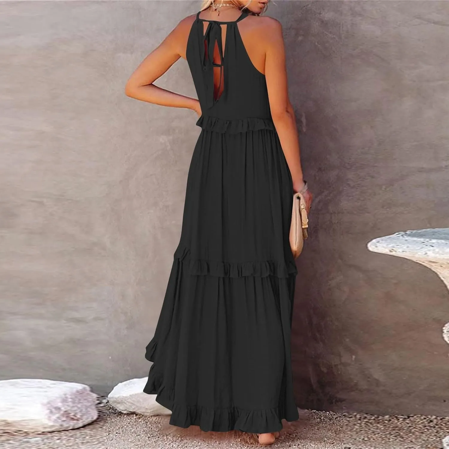Women's Maxi Dress 2025 Spring Casual Loose Swing Boho Smocked Ruffle Sundress Halter Sleeveless Tiered Beach Dress