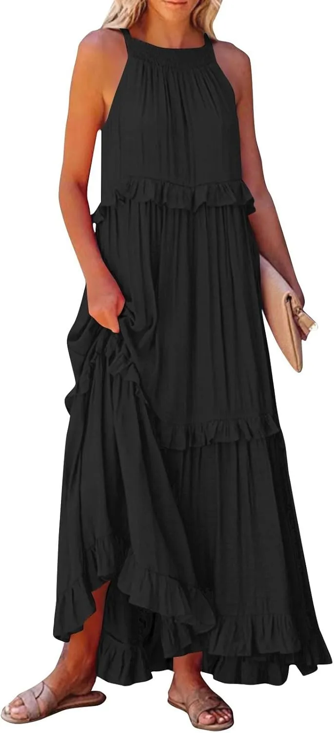 Women's Maxi Dress 2025 Spring Casual Loose Swing Boho Smocked Ruffle Sundress Halter Sleeveless Tiered Beach Dress