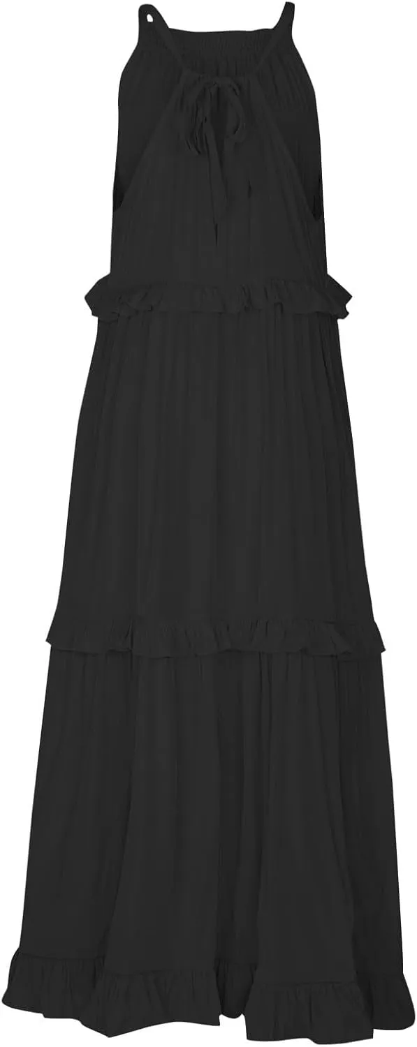 Women's Maxi Dress 2025 Spring Casual Loose Swing Boho Smocked Ruffle Sundress Halter Sleeveless Tiered Beach Dress
