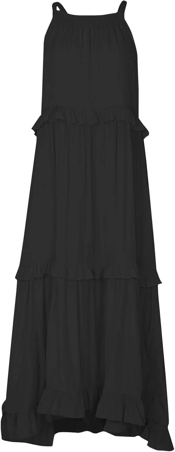 Women's Maxi Dress 2025 Spring Casual Loose Swing Boho Smocked Ruffle Sundress Halter Sleeveless Tiered Beach Dress