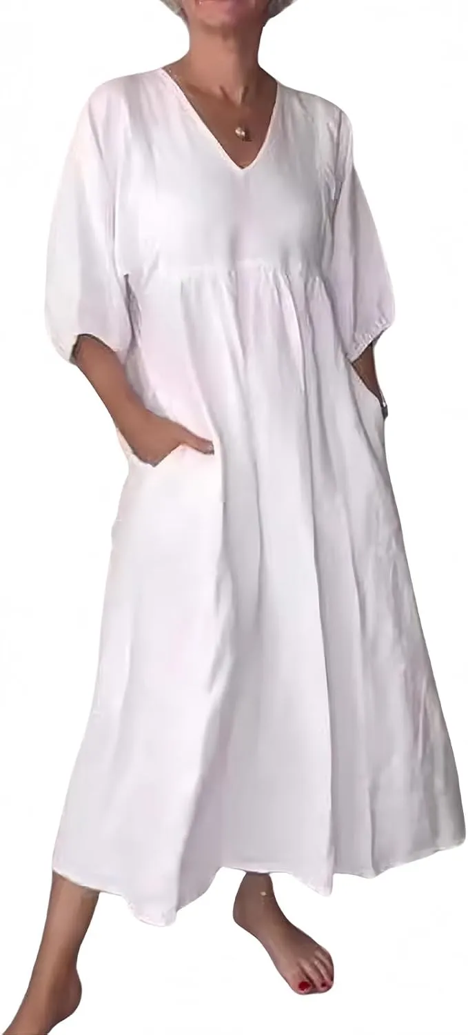 Womens Maxi Dress Summer Plus Size Cotton Linen Dresses Short Sleeve Summer Midi Dress V Neck Beach Sundress Pockets