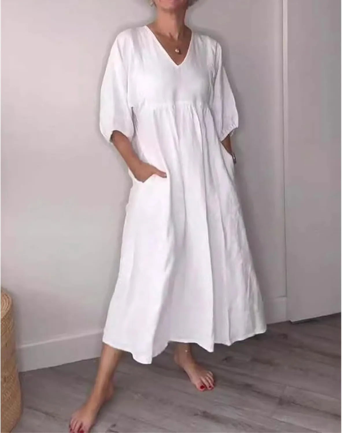 Womens Maxi Dress Summer Plus Size Cotton Linen Dresses Short Sleeve Summer Midi Dress V Neck Beach Sundress Pockets