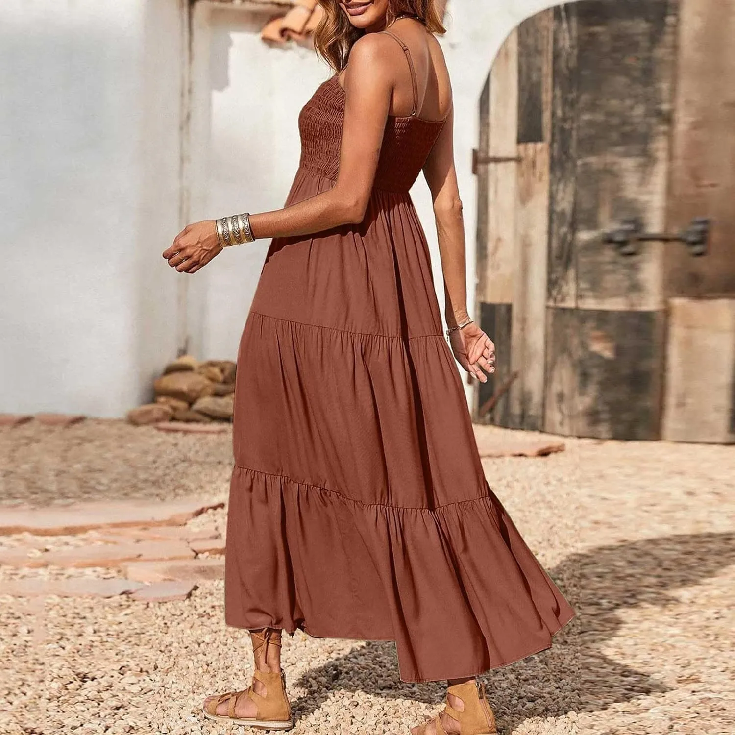 Women's Maxi Long Spaghetti Strapless Dress Summer Solid Fuffled Cotton Graduation Dresses for Women 2025
